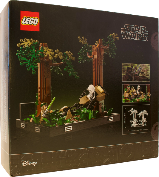 LEGO® Star Wars™ – bagside af æsken med visning af detaljer i Speederjagt på Endor™ dioramaet