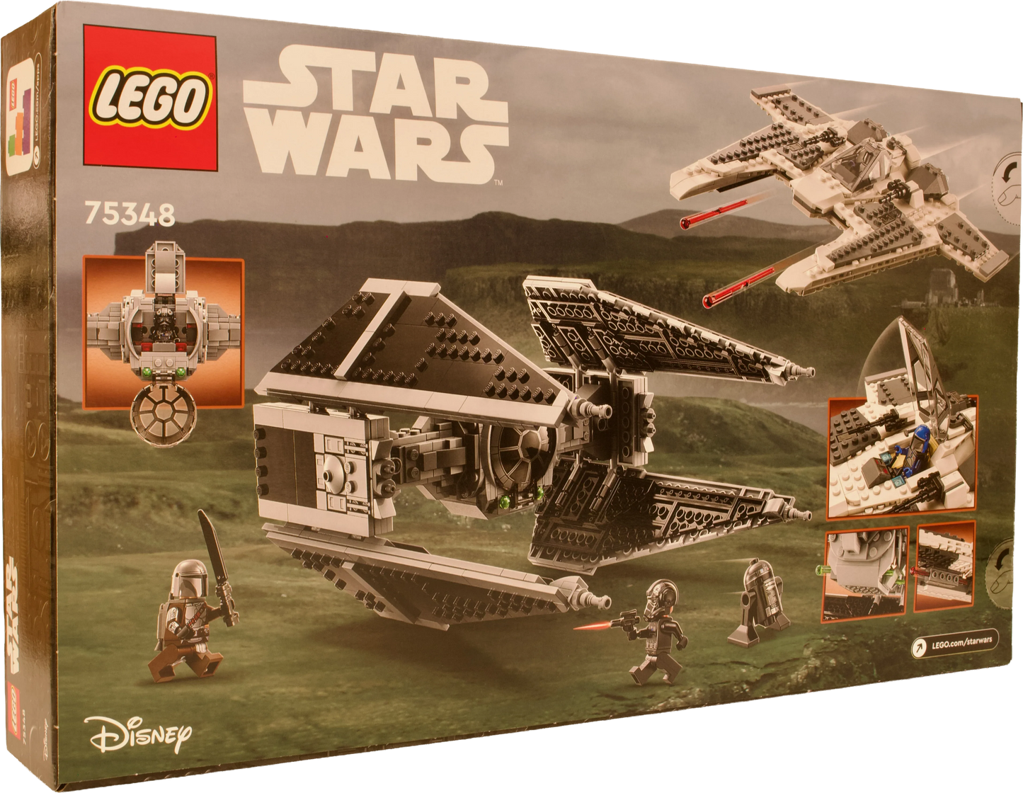 LEGO® Star Wars™ – bagside af æsken med visning af Mandalorian Fang Fighter™ og TIE Interceptor™ funktioner og detaljer.