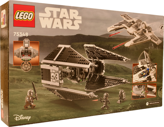LEGO® Star Wars™ – bagside af æsken med visning af Mandalorian Fang Fighter™ og TIE Interceptor™ funktioner og detaljer.