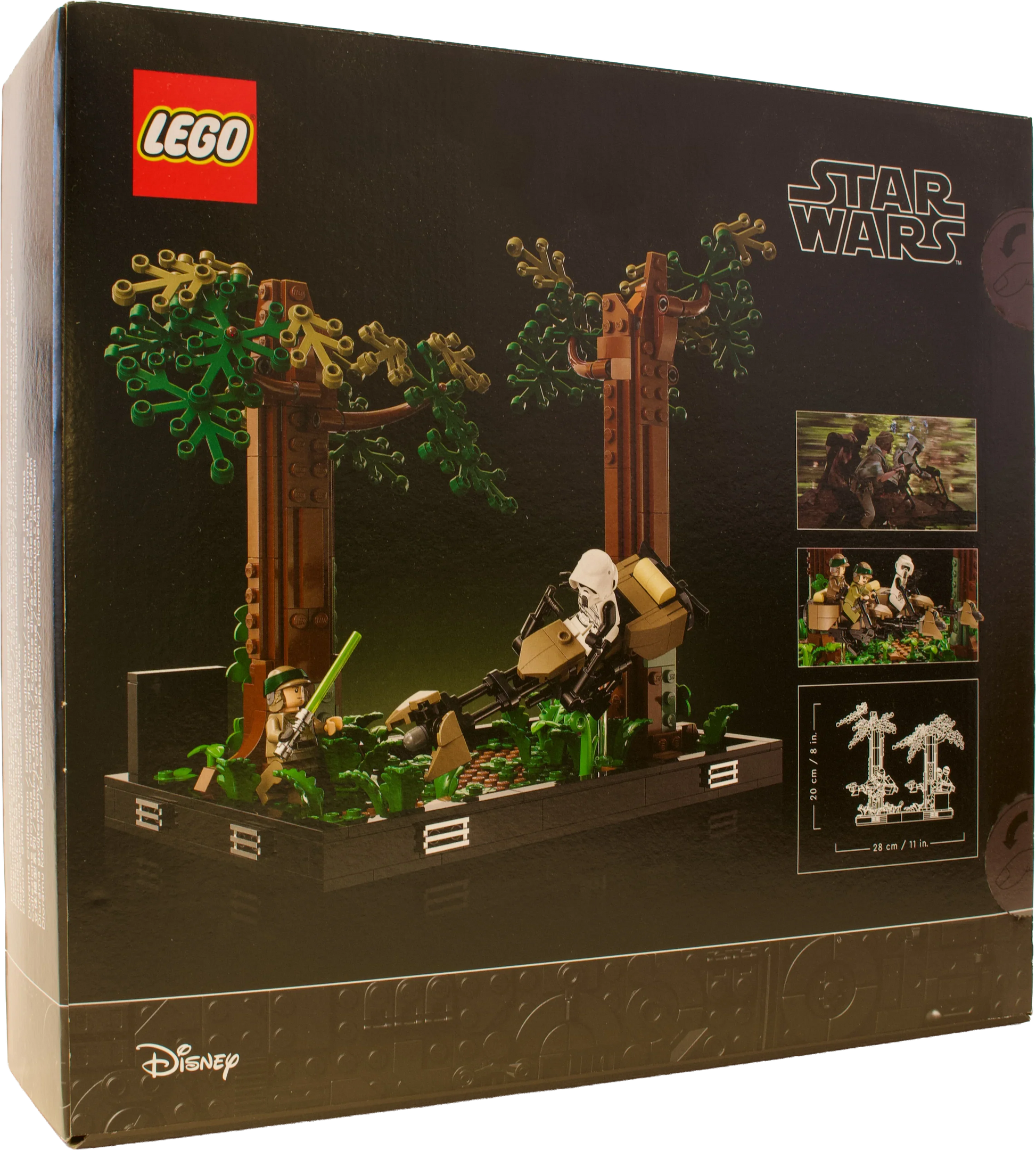 LEGO® Star Wars™ – bagside af æsken med visning af detaljer i Speederjagt på Endor™ dioramaet
